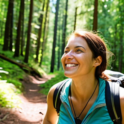 Home 4 **Prompt:** A woman hiking in a sun-dappled forest, deeply inhaling fresh air, surrounded by lush greenery. She's smiling serenely. Focus on natural light and vibrant colors to convey a sense of peace and well-being. Style: Realistic, natural lighting.