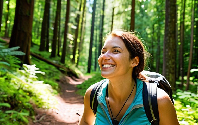**Prompt:** A woman hiking in a sun-dappled forest, deeply inhaling fresh air, surrounded by lush greenery. She's smiling serenely. Focus on natural light and vibrant colors to convey a sense of peace and well-being. Style: Realistic, natural lighting.