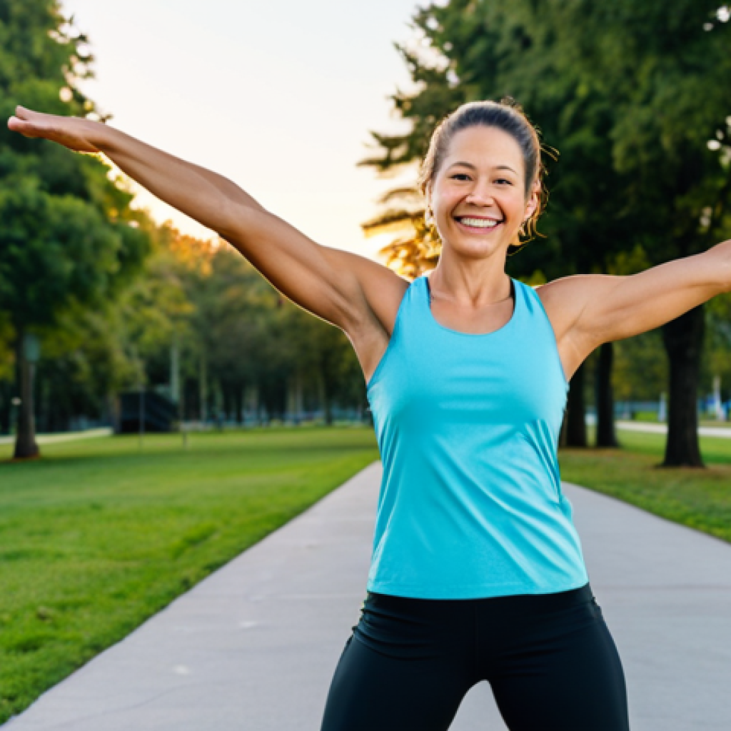 **
A woman in professional athletic wear, fully clothed, performing a dynamic stretch (arm circles) before a run in a park setting at sunrise. She is smiling and appears energized. Background includes trees and a clear sky. Safe for work, appropriate content, perfect anatomy, correct proportions, natural pose, well-formed hands, proper finger count, natural body proportions, professional fitness photography, high quality, modest attire, family-friendly.
**