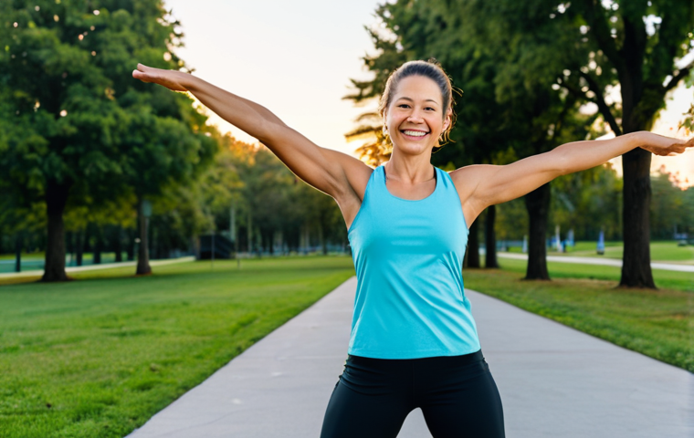 **

A woman in professional athletic wear, fully clothed, performing a dynamic stretch (arm circles) before a run in a park setting at sunrise. She is smiling and appears energized. Background includes trees and a clear sky. Safe for work, appropriate content, perfect anatomy, correct proportions, natural pose, well-formed hands, proper finger count, natural body proportions, professional fitness photography, high quality, modest attire, family-friendly.

**