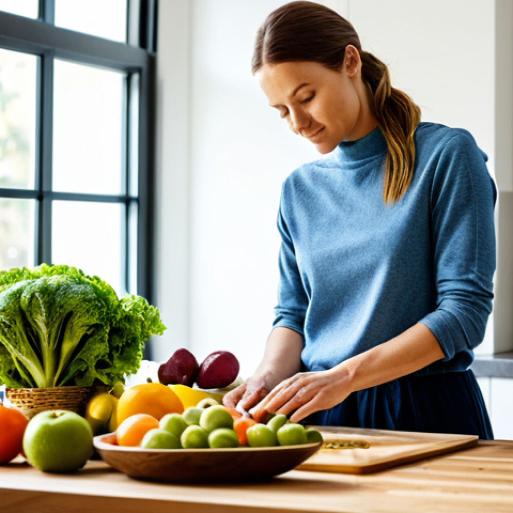 Holistic Nutrition Concept**
"A brightly lit kitchen scene with a diverse selection of colorful, whole foods displayed on a wooden countertop. Fruits, vegetables, whole grains, and lean proteins are visible. A woman in her 30s, wearing a casual but professional outfit (fully clothed, appropriate attire), is mindfully preparing a meal. Natural light streaming through the window. Safe for work, professional, appropriate content, perfect anatomy, correct proportions, well-formed hands, natural body proportions, modest clothing."
**