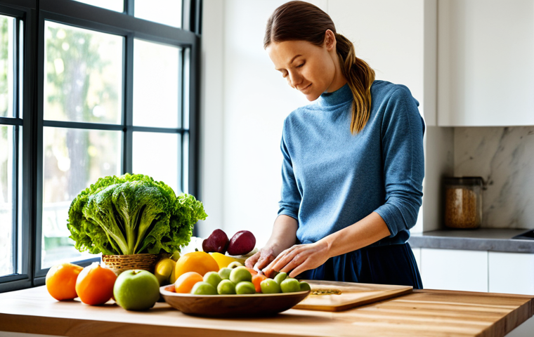 Holistic Nutrition Concept**
"A brightly lit kitchen scene with a diverse selection of colorful, whole foods displayed on a wooden countertop. Fruits, vegetables, whole grains, and lean proteins are visible. A woman in her 30s, wearing a casual but professional outfit (fully clothed, appropriate attire), is mindfully preparing a meal. Natural light streaming through the window. Safe for work, professional, appropriate content, perfect anatomy, correct proportions, well-formed hands, natural body proportions, modest clothing."
**