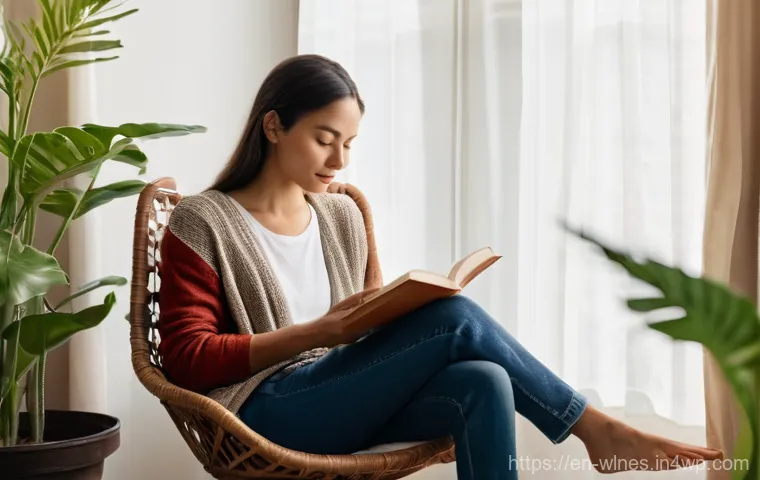 정신적 스트레스 관리 방법 - **Prompt: Serene Digital Detox in a Cozy Corner**
    A young adult, perhaps in their late 20s or ea...