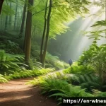 Home 21 자연을 통한 심리 치료법 - A serene forest trail scene in early morning light, featuring a diverse group of adults casually wal...