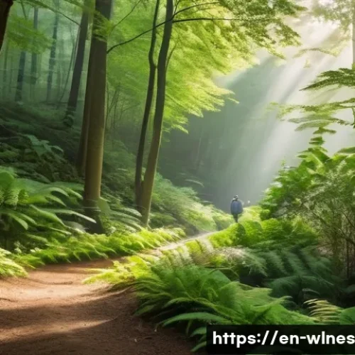 Home 33 자연을 통한 심리 치료법 - A serene forest trail scene in early morning light, featuring a diverse group of adults casually wal...