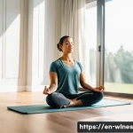 Home 20 정신적 웰니스와 신체적 웰니스의 통합 - A serene morning scene featuring a diverse adult woman practicing gentle yoga and mindfulness medita...