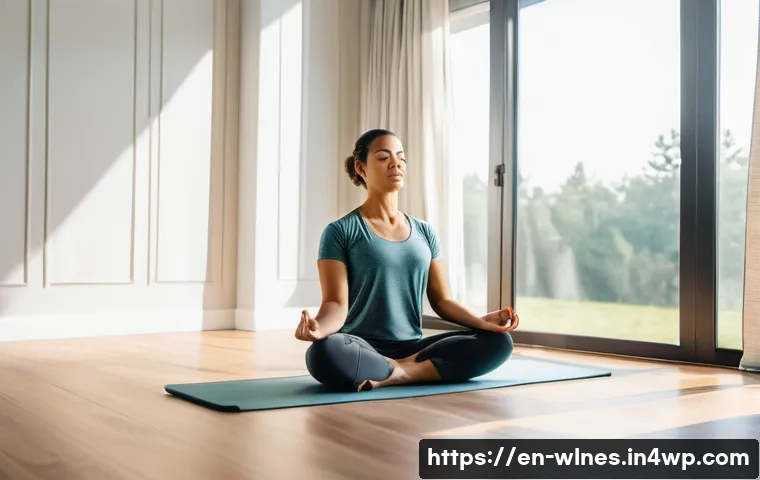 정신적 웰니스와 신체적 웰니스의 통합 - A serene morning scene featuring a diverse adult woman practicing gentle yoga and mindfulness medita...