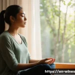 Home 19 감정적 웰니스를 위한 자기 관리법 - A serene indoor scene featuring a young adult woman practicing mindfulness meditation by a large sun...