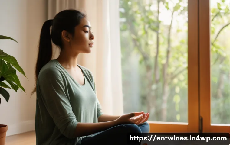 감정적 웰니스를 위한 자기 관리법 - A serene indoor scene featuring a young adult woman practicing mindfulness meditation by a large sun...