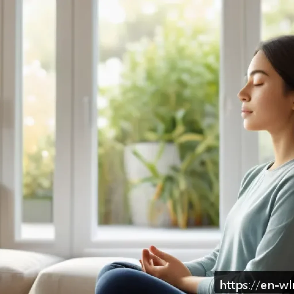 홀리스틱 웰니스 세미나 참석하기 - A serene, sunlit modern living room with a young adult woman practicing mindful breathing meditation...