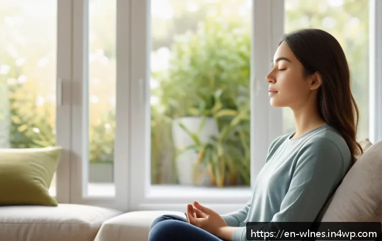 홀리스틱 웰니스 세미나 참석하기 - A serene, sunlit modern living room with a young adult woman practicing mindful breathing meditation...