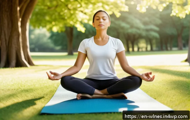 홀리스틱 웰니스 교육 프로그램 소개 - A serene morning scene featuring a diverse group of adults practicing mindful breathing outdoors in ...